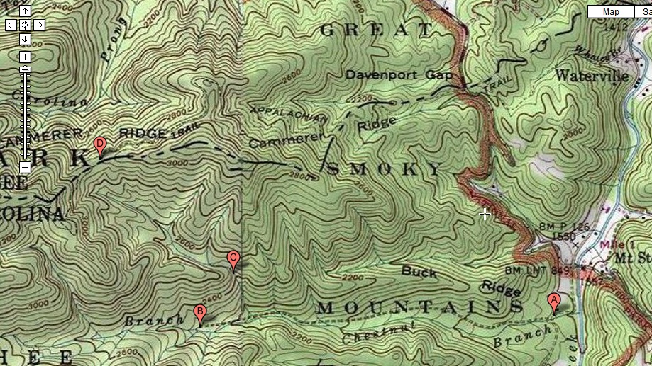 Topographic map of Chestnut Branch trailhead area