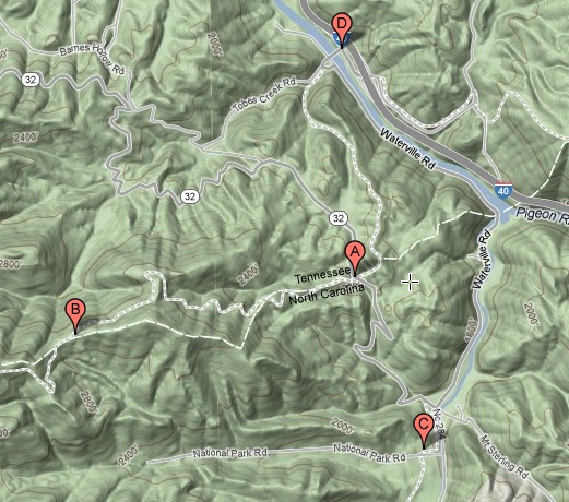 Terrain map of Davenport Gap trailhead area