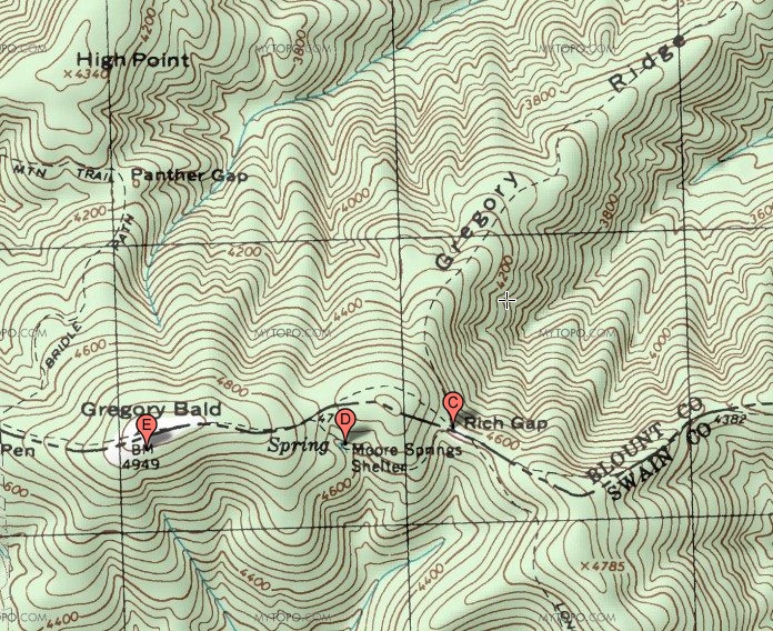 Topographic map of Gregory Ridge trailhead area
