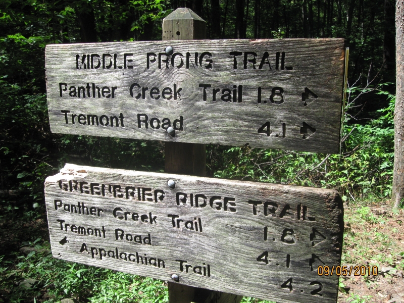 Middle Prong sign - intersection with Greenbrier Ridge trail