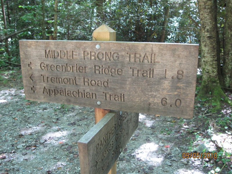 Middle Prong sign - intersection with Panther Creek trail
