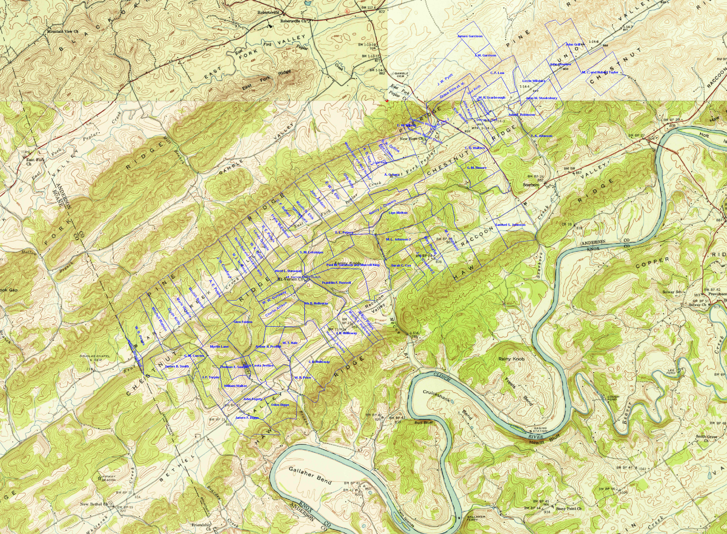 Anderson County, Tennessee, properties from 1942 on U.S.G.S. quadrangle maps