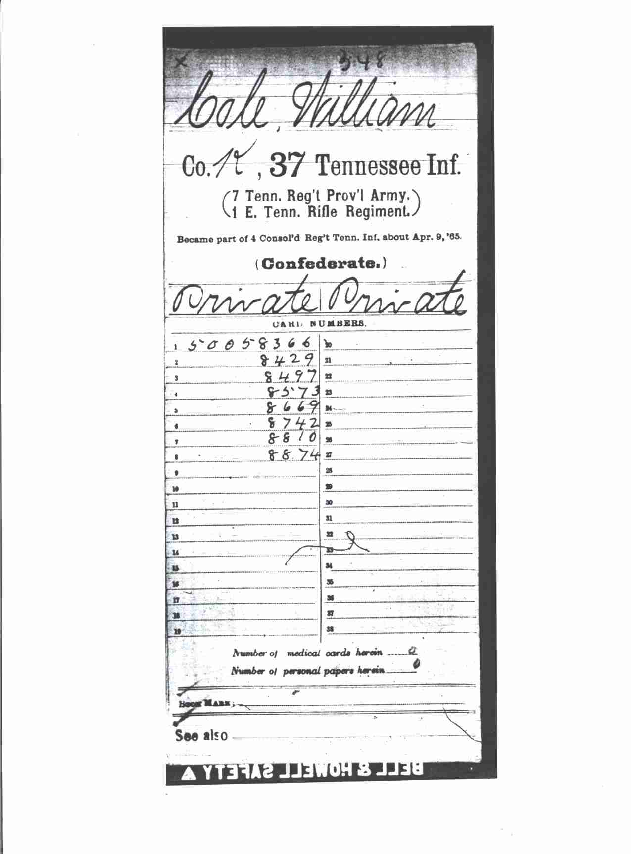 William Cole, Military Record, 37th TN Infantry, Confederate, p.1