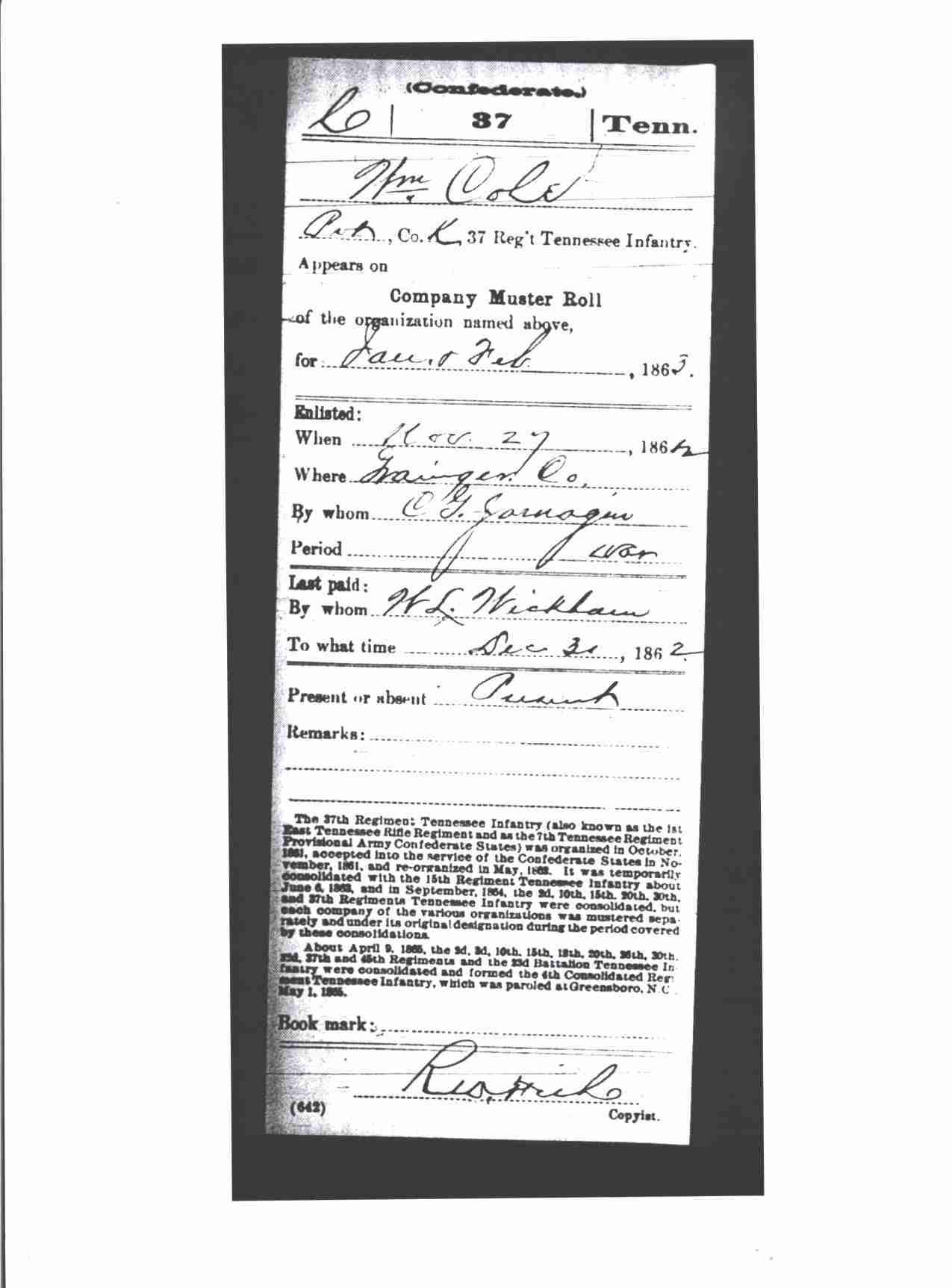 William Cole, Military Record, 37th TN Infantry, Confederate, p.3