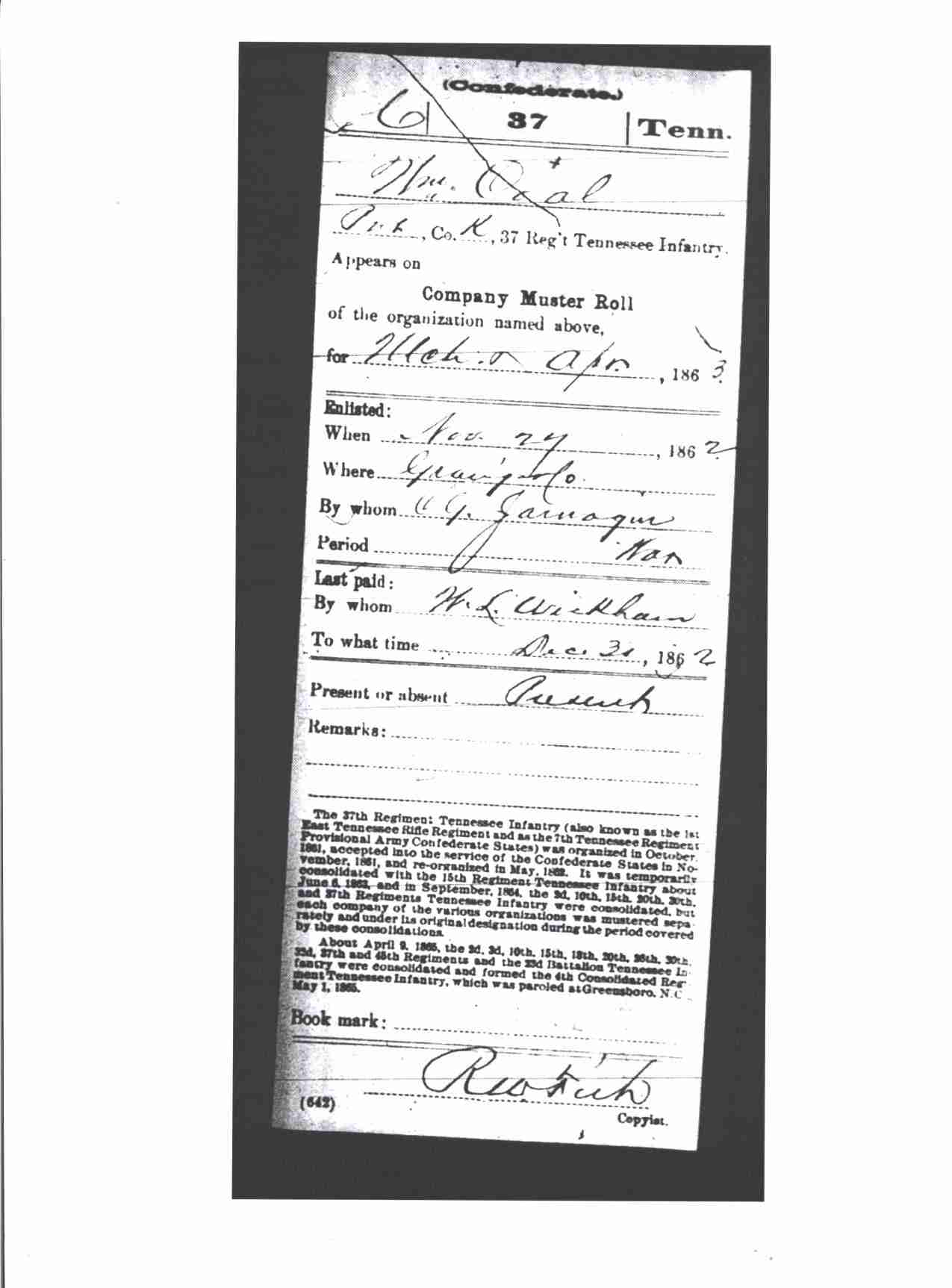 William Cole, Military Record, 37th TN Infantry, Confederate, p.4