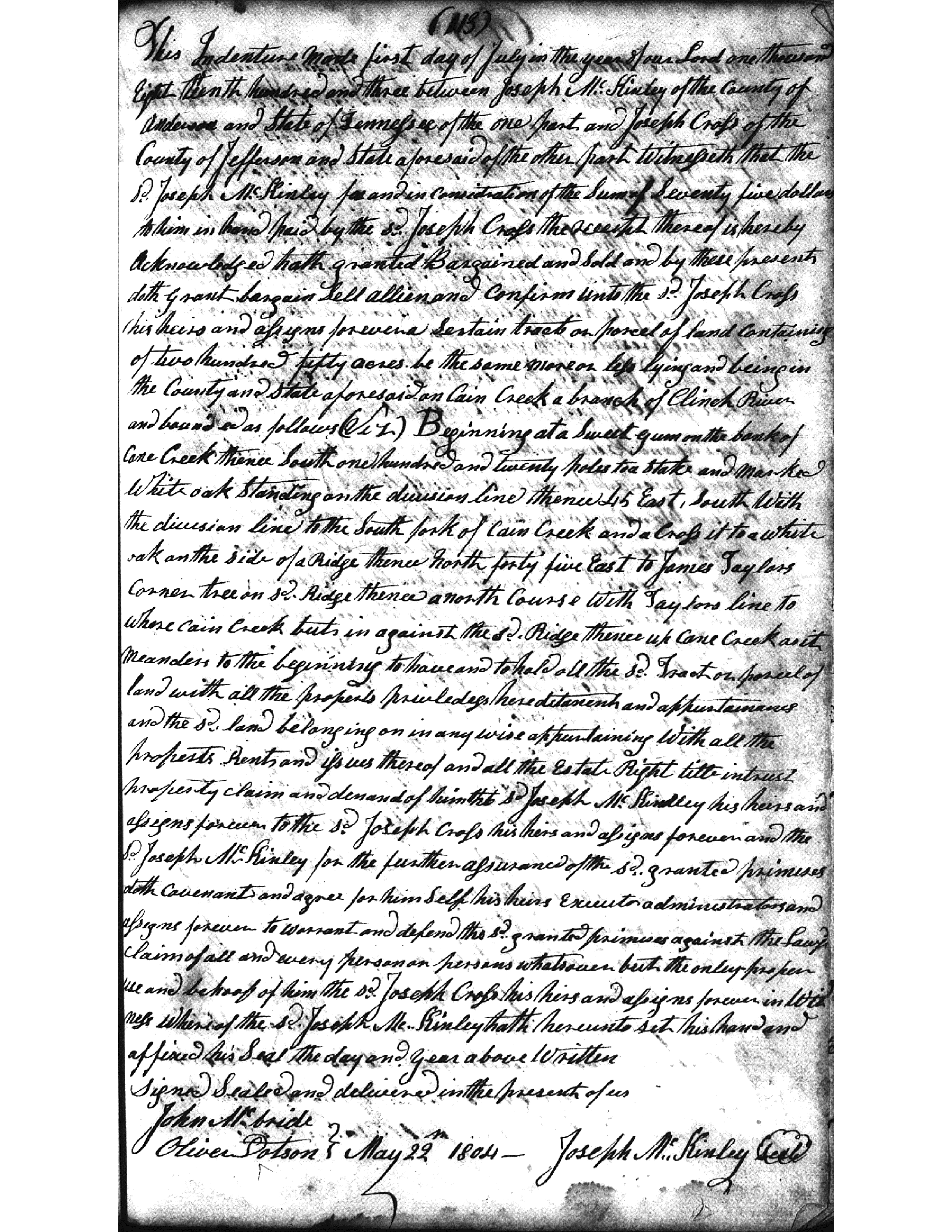 Joseph Cross Deed, Book A, page 113, 1 Jul 1803